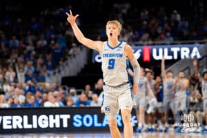 Creighton Bluejay Ty Davis (#9) celebrates a three pointer during an exhibition against Colorado State on Saturday, October 25, 2025, in Omaha, Nebraska. Photo by Brandon Tiedemann.