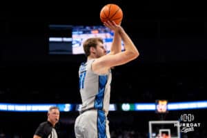 Creighton Bluejay Isaac Traudt (#41) shoots a three during an exhibition against Colorado State on Saturday, October 25, 2025, in Omaha, Nebraska. Photo by Brandon Tiedemann.