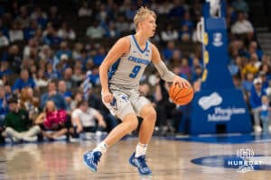 Creighton Bluejay Ty Davis (#9) dribbles the ball up court during an exhibition against Colorado State on Saturday, October 25, 2025, in Omaha, Nebraska. Photo by Brandon Tiedemann.