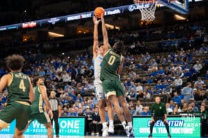 Creighton Bluejay Jasen Green (#0) shoots over and opponent during an exhibition against Colorado State on Saturday, October 25, 2025, in Omaha, Nebraska. Photo by Brandon Tiedemann.