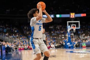 Creighton Bluejay Nik Graves (#5) shoots a three pointer during an exhibition against Colorado State on Saturday, October 25, 2025, in Omaha, Nebraska. Photo by Brandon Tiedemann.