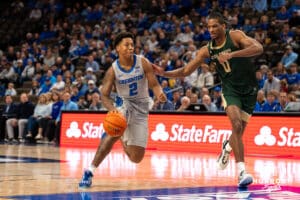 Creighton Bluejay Blake Harper (#2) drives to the hoop during an exhibition against Colorado State on Saturday, October 25, 2025, in Omaha, Nebraska. Photo by Brandon Tiedemann.