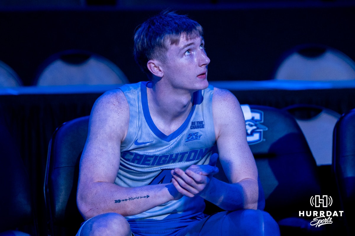 Creighton Bluejay Josh Dix (#4) waits for his introduction during an exhibition against Colorado State on Saturday, October 25, 2025, in Omaha, Nebraska. Photo by Brandon Tiedemann.
