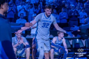 Creighton Bluejay Owen Freeman (#32) gets introduced during an exhibition against Colorado State on Saturday, October 25, 2025, in Omaha, Nebraska. Photo by Brandon Tiedemann.
