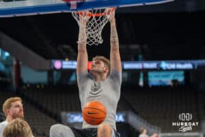 Creighton Bluejay Owen Freeman (#32) dunks in warms up before an exhibition against Colorado State on Saturday, October 25, 2025, in Omaha, Nebraska. Photo by Brandon Tiedemann.