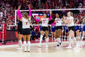 Nebraska Cornhuskers celebrates the sweep over the Northwestern Wildcats during a college volleyball match on Friday, October 24, 2025, in Lincoln, Nebraska. Photo by John S. Peterson.