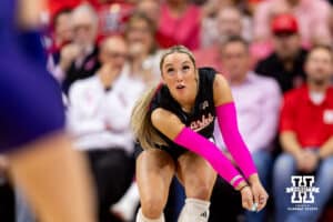 Nebraska Cornhusker libero Laney Choboy (6) digs the ball against the Northwestern Wildcats in the second set during a college volleyball match on Friday, October 24, 2025, in Lincoln, Nebraska. Photo by John S. Peterson.