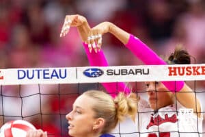 Nebraska Cornhusker outside hitter Harper Murray (27) blocks the ball against the Northwestern Wildcats in the second set during a college volleyball match on Friday, October 24, 2025, in Lincoln, Nebraska. Photo by John S. Peterson.