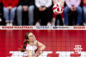 Nebraska Cornhusker setter Bergen Reilly (2) dumps the ball against the Northwestern Wildcats in the second set during a college volleyball match on Friday, October 24, 2025, in Lincoln, Nebraska. Photo by John S. Peterson.