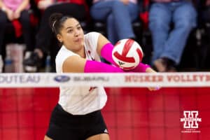 Nebraska Cornhusker outside hitter Teraya Sigler (11) digs the ball against the Northwestern Wildcats in the second set during a college volleyball match on Friday, October 24, 2025, in Lincoln, Nebraska. Photo by John S. Peterson.