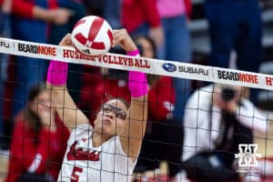 Nebraska Cornhusker middle blocker Rebekah Allick (5) blocks the ball against the Northwestern Wildcats in the second set during a college volleyball match on Friday, October 24, 2025, in Lincoln, Nebraska. Photo by John S. Peterson.