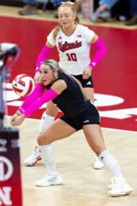 Nebraska Cornhusker libero Laney Choboy (6) makes a pass against the Northwestern Wildcats in the first set during a college volleyball match on Friday, October 24, 2025, in Lincoln, Nebraska. Photo by John S. Peterson.