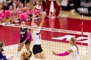 Nebraska Cornhusker setter Bergen Reilly (2) sets the ball against the Northwestern Wildcats in the first set during a college volleyball match on Friday, October 24, 2025, in Lincoln, Nebraska. Photo by John S. Peterson.
