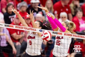 Nebraska Cornhusker middle blocker Andi Jackson (15) blocks the ball against the Northwestern Wildcats in the first set during a college volleyball match on Friday, October 24, 2025, in Lincoln, Nebraska. Photo by John S. Peterson.