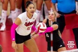 Nebraska Cornhusker libero Laney Choboy (6) passes the ball against the Northwestern Wildcats in the first set during a college volleyball match on Friday, October 24, 2025, in Lincoln, Nebraska. Photo by John S. Peterson.