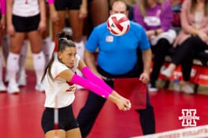 Nebraska Cornhusker outside hitter Harper Murray (27) digs the ball against the Northwestern Wildcats in the first set during a college volleyball match on Friday, October 24, 2025, in Lincoln, Nebraska. Photo by John S. Peterson.