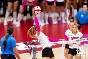Nebraska Cornhusker middle blocker Andi Jackson (15) spikes the ball from the outside against the Northwestern Wildcats in the first set during a college volleyball match on Friday, October 24, 2025, in Lincoln, Nebraska. Photo by John S. Peterson.