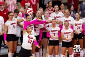 Nebraska Cornhusker outside hitter Harper Murray (27) serves the ball against the Northwestern Wildcats in the first set during a college volleyball match on Friday, October 24, 2025, in Lincoln, Nebraska. Photo by John S. Peterson.