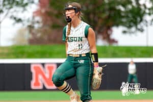 Cenral City pitcher Payton Burbach (11) celebrates after a strike out during a high school softball game, Monday, October 20, 2025, Lincoln, Nebraska. Photo by Braden Cochran.