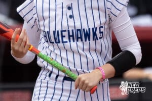 A Hastings Saint Celcilia player gets ready to bat during a high school softball game, Monday, October 20, 2025, Lincoln, Nebraska. Photo by Braden Cochran.