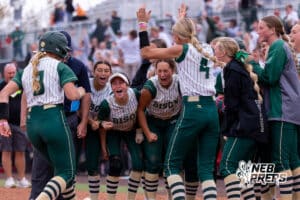 The Central City softball team welcomes back catcher Juno Ryan (3) during a high school softball game, Monday, October 20, 2025, Lincoln, Nebraska. Photo by Braden Cochran.
