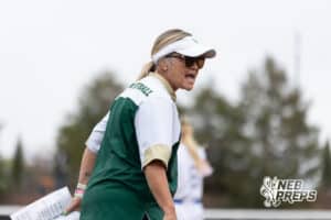 Central City head coach Neelu Moser reacts after a play during a high school softball game, Monday, October 20, 2025, Lincoln, Nebraska. Photo by Braden Cochran.