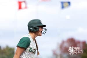 A Central City batter celebrates after a point during a high school softball game, Monday, October 20, 2025, Lincoln, Nebraska. Photo by Braden Cochran.