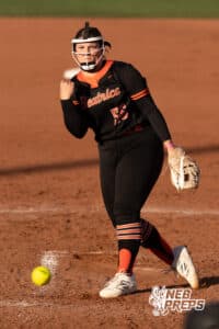 Beatrice pitcher Karrigan Henrichs (55) throws the pitch to a Northwest batter during a high school softball championship game, Monday, October 20, 2025, Lincoln, Nebraska. Photo by Braden Cochran.