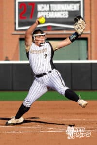 Northwest pitcher Graclyn Simmons (2) brings the ball around for the pitch during a high school softball championship game, Monday, October 20, 2025, Lincoln, Nebraska. Photo by Braden Cochran.