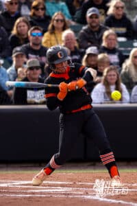 Beatrice batter Tana Antons (1) takes a chop at the pitch during a high school softball championship game, Saturday, October 20, 2025, Lincoln, Nebraska. Photo by Braden Cochran.