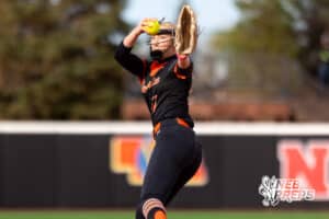 Beatrice pitcher Layla Boyko (11) winds up for a pitch against Northwest during a high school softball championship game, Saturday, October 20, 2025, Lincoln, Nebraska. Photo by Braden Cochran.