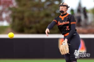 Beatrice pitcher Layla Boyko (11) throws a pitch to her catcher during a high school softball championship game, Saturday, October 20, 2025, Lincoln, Nebraska. Photo by Braden Cochran.