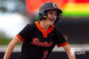 Beatrice batter Miley Lookis (10) runs back to the dugout after rounding home plate during a high school softball championship game, Saturday, October 20, 2025, Lincoln, Nebraska. Photo by Braden Cochran.