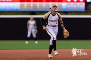 Northwest short stop Becca Dinkelman (1) celebrates after a strike out during a high school softball championship game, Saturday, October 20, 2025, Lincoln, Nebraska. Photo by Braden Cochran.