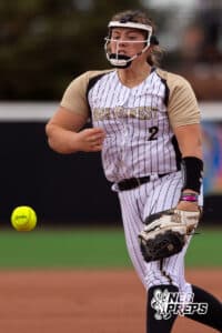 Northwest pitcher Graclyn Simmons (2) delivers the ball over home plate during a high school softball championship game, Saturday, October 20, 2025, Lincoln, Nebraska. Photo by Braden Cochran.