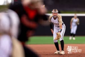 Northwest short stop Becca Dinkelman (1) prepares for the pitch during a high school softball championship game, Saturday, October 20, 2025, Lincoln, Nebraska. Photo by Braden Cochran.