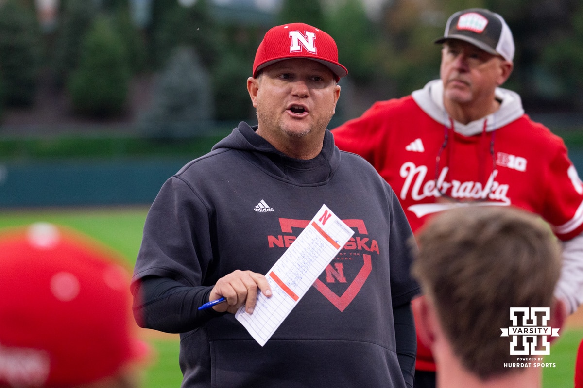 Nebraska head coach Will Bolt gives his team his thoughts during the red/white scrimmage on Tuesday, October 14th, 2025, Lincoln, Nebraska. Photo by Braden Cochran.