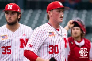 Cornhusker pitcher Carter Kelley (30) jogs back to the dugout after a strikeout during the red/white scrimmage on Tuesday, October 14th, 2025, Lincoln, Nebraska. Photo by Braden Cochran.