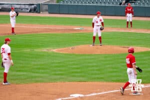 Cornhusker pitcher Carter Kelley (30) prepares for the next pitch with a base runner on third during the red/white scrimmage on Tuesday, October 14th, 2025, Lincoln, Nebraska. Photo by Braden Cochran.