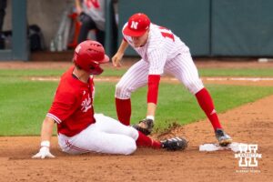 Nebraska Cornhusker Case Sanderson (14) is tagged out at second base during the red/white scrimmage on Tuesday, October 14th, 2025, Lincoln, Nebraska. Photo by Braden Cochran.