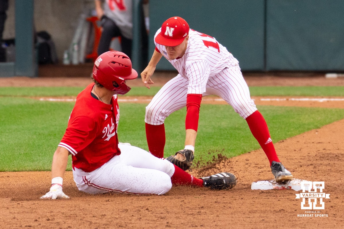 Nebraska Cornhusker Case Sanderson (14) is tagged out at second base during the red/white scrimmage on Tuesday, October 14th, 2025, Lincoln, Nebraska. Photo by Braden Cochran.