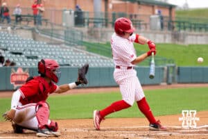 Nebraska's Rhett Stokes (9) takes a swing at the pitch during the red/white scrimmage on Tuesday, October 14th, 2025, in Lincoln, Nebraska. Photo by Braden Cochran.
