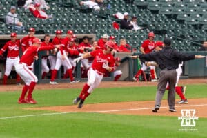Nebraska infielder Case Sanderson (14) rounds first base on his way to second during the red/white scrimmage on Tuesday, October 14th, 2025, Lincoln, Nebraska. Photo by Braden Cochran.