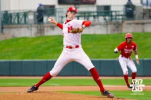 Cornhusker sophomore Carson Jasa (39) winds up for a pitch during the red/white scrimmage on Tuesday, October 14th, 2025, Lincoln, Nebraska. Photo by Braden Cochran.