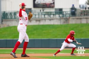 Nebraska pitcher Carson Jasa (39) throws to first to try and catch the runner during the red/white scrimmage on Tuesday, October 14th, 2025, Lincoln, Nebraska. Photo by Braden Cochran.
