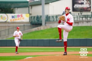 Cornhusker sophomore Carson Jasa (39) winds up for a pitch during the red/white scrimmage on Tuesday, October 14th, 2025, Lincoln, Nebraska. Photo by Braden Cochran.