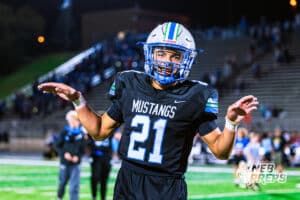Millard North's Christian Boles (21) performs Omaha Central's signature bird celebration after beating them in a big game following a high school football game against Omaha Central on Friday, October 17, 2025, in Omaha, Nebraska. Photo By Jack Stephens.