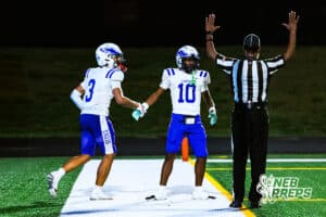 Omaha Central's Tory Pittman III (3) and Malik Morgan-Hillis (10) celebrate after scoring a touchdown during a high school football game at Millard North on Friday, October 17, 2025, in Omaha, Nebraska. Photo By Jack Stephens.