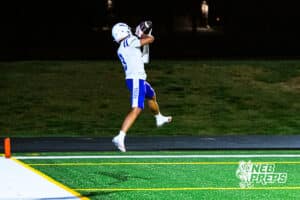 Omaha Central's Tory Pittman III (3) makes a catch for a touchdown during a high school football game at Millard North on Friday, October 17, 2025, = in Omaha, Nebraska. Photo By Jack Stephens.