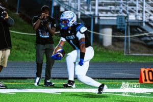 Millard North's Isaiah Traylor (1) running it in for the touchdown during a high school football game VS Omaha Central on Friday, October 17, 2025, in Omaha, Nebraska. Photo By Jack Stephens.